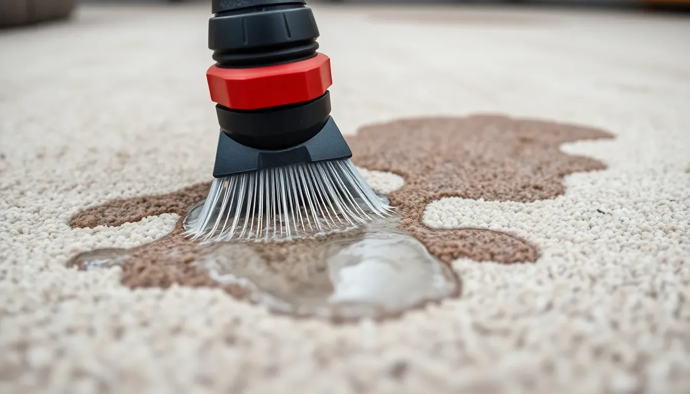 Close-up of a carpet cleaning hose and nozzle being used on a stained carpet traffic lane